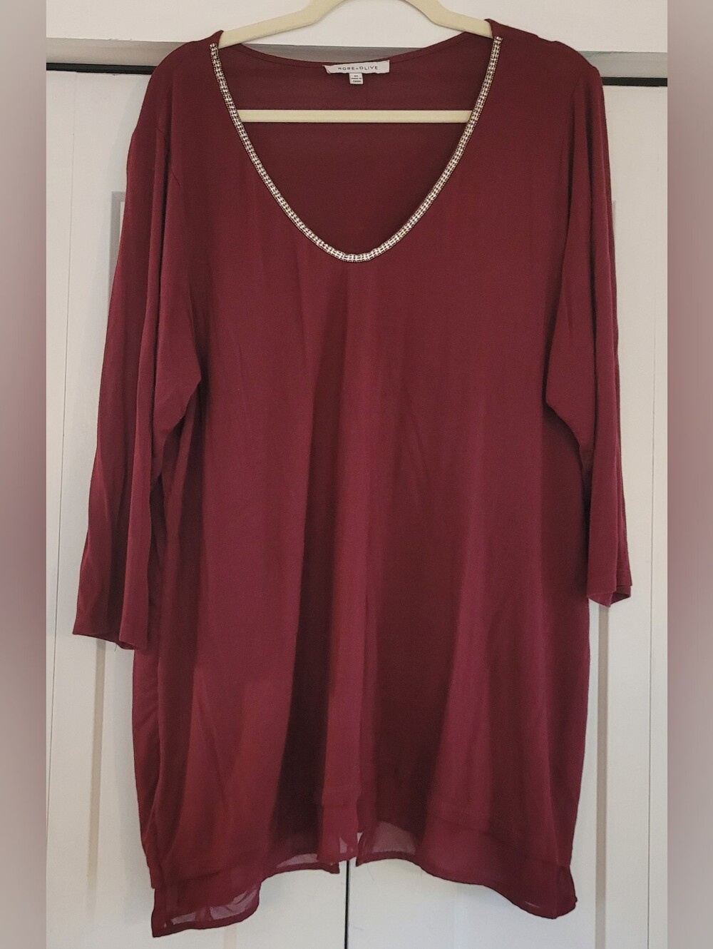 Rose & Olive Wine Rhinestone-Trim V-Neck Tunic